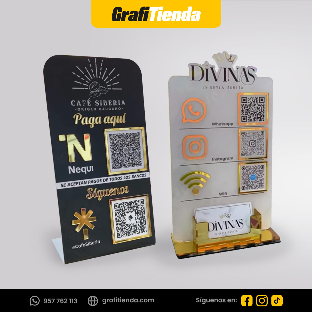 QR en acrílico publicitario con tarjetero